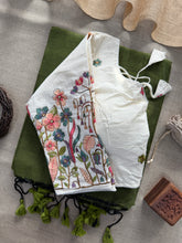 Mehndi Handloom Cotton Saree With Embrodery Work Redy Made Blouse